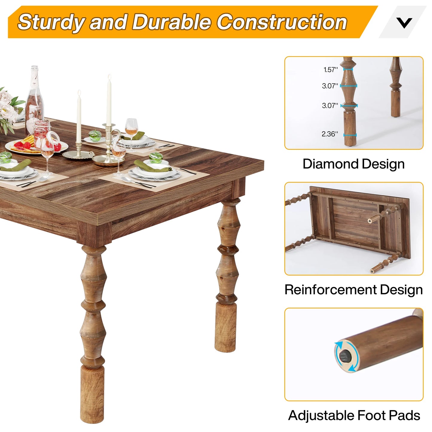 62” Wood Patio Table for 4-6 People, Farmhouse Large Indoor