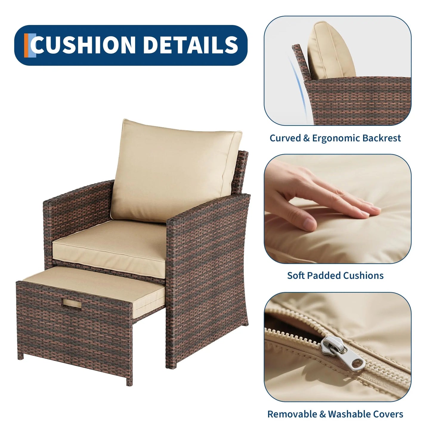5-Piece All-Weather Pe Rattan Patio Set, Wi High Back Chair with 2 Ottomans & Table, Soft Cushions For Garden & Porch