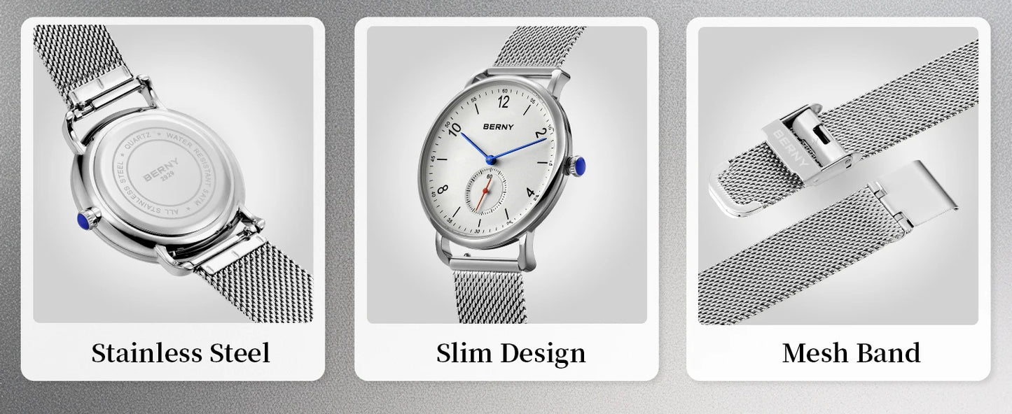 BERNY Quartz Men's Watch  Quality 316L Stainless Steel  Top Slim Case Fashion Couple's Wristwatch Simple Casual Men/Women Watches
