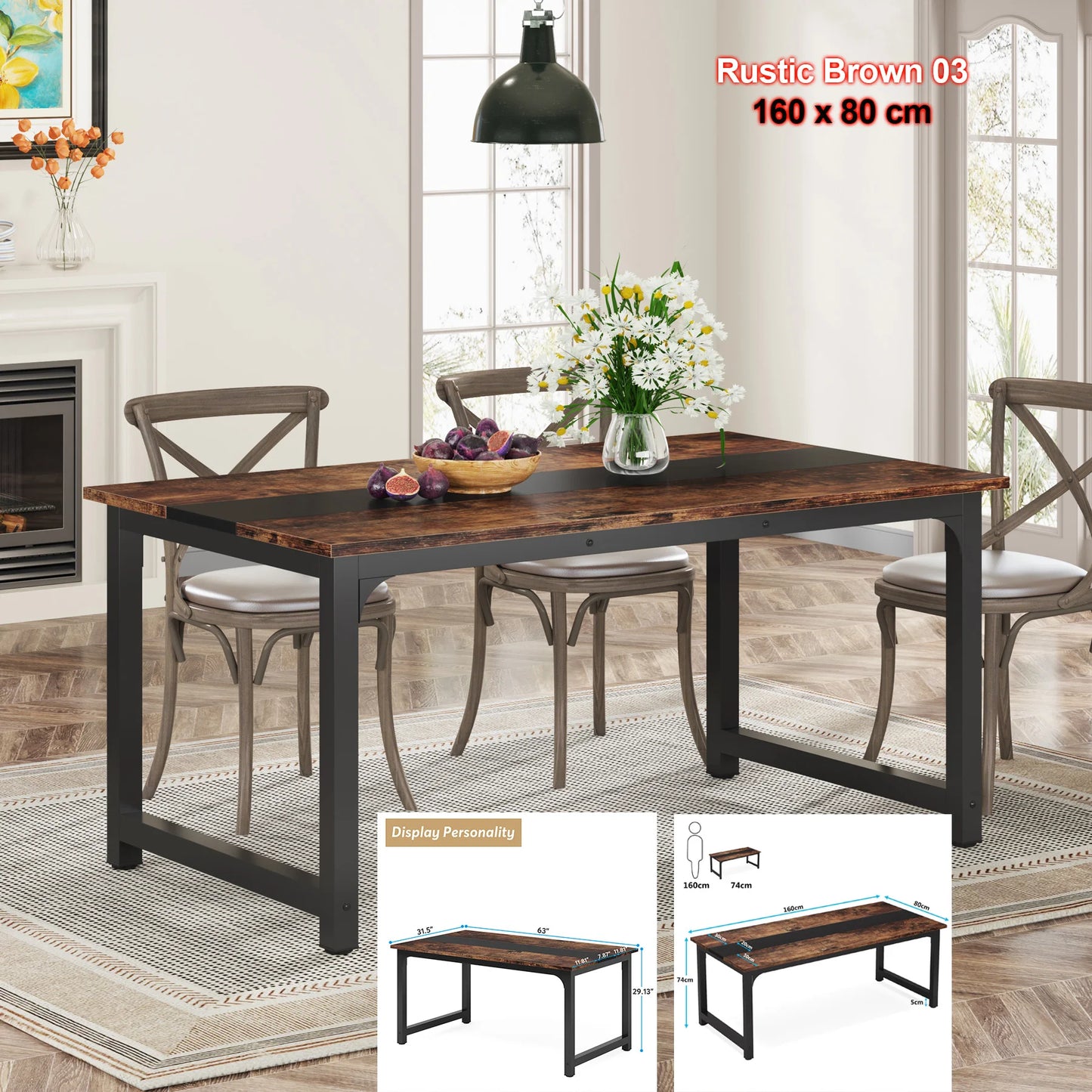 Dining Table, Industrial Kitchen Table for 6-8 Person,