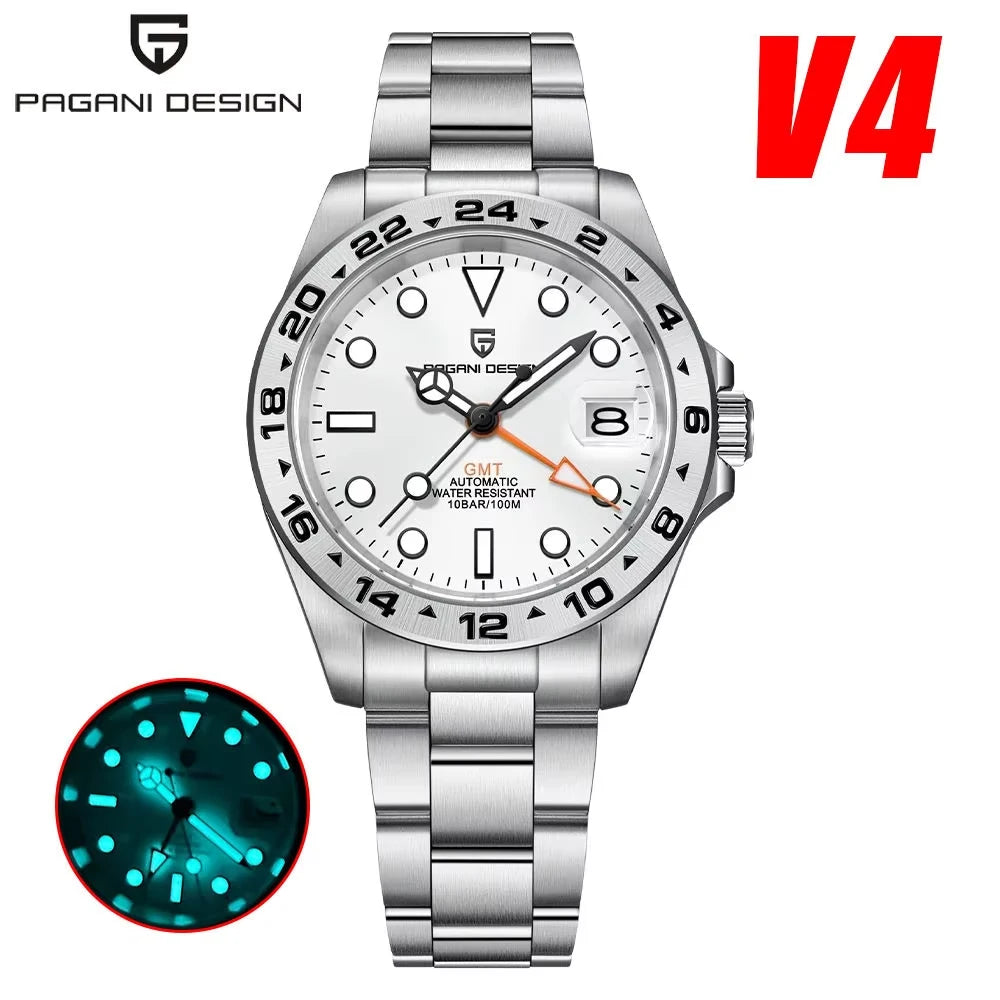 Men's GMT Automatic Mechanical Watches Stainless Steel 10Bar Sport BWG-9 Clock