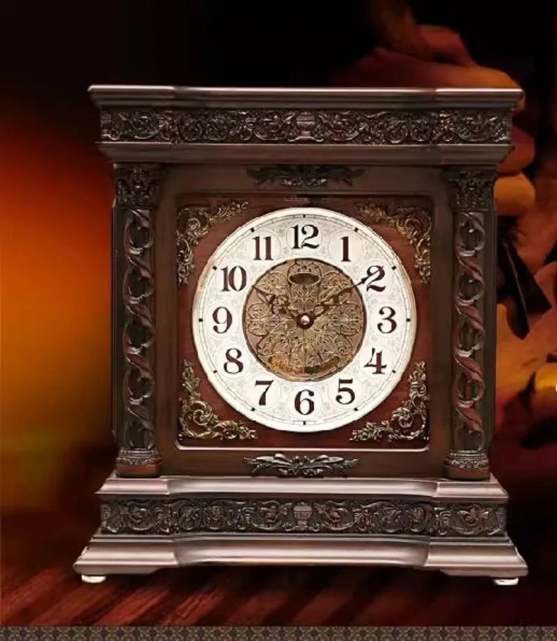 Solid Wood Table Clock Retro Silent Hourly Chime Desk