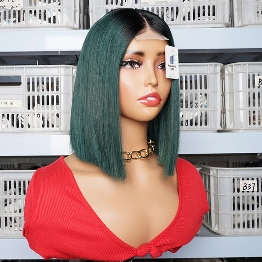 Green Short Bob Wig 2*4 Lace Wig Middle Part 300% Bone Straight