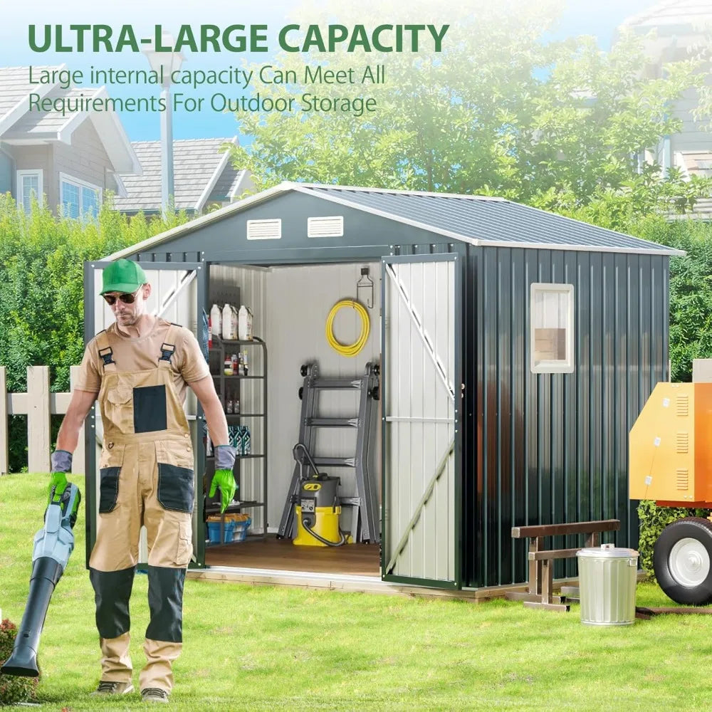 8x6FT Outdoor Steel Storage Shed with Clear Window, Lockable Doors,