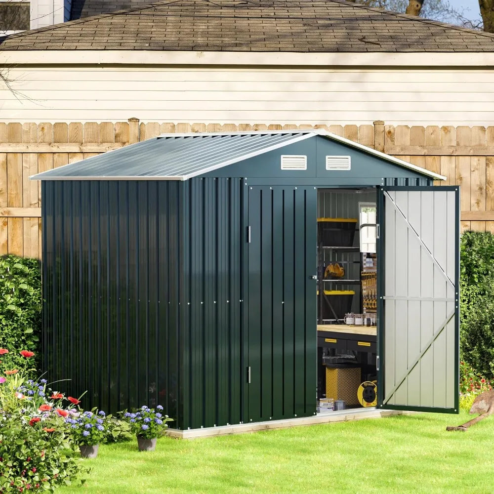 8x6FT Outdoor Steel Storage Shed with Clear Window, Lockable Doors,