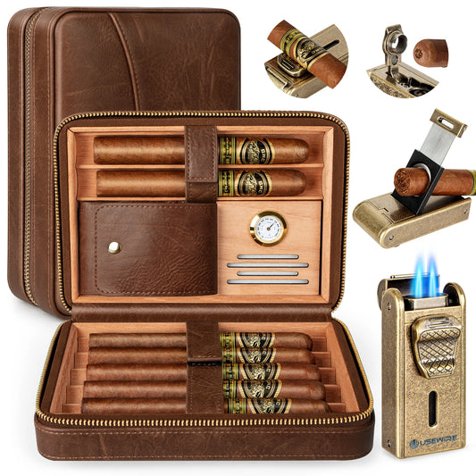 Leather Cigar Humidor with Cigar Lighter, Built-in Straight Cigar Cutter and Cigar Punch,