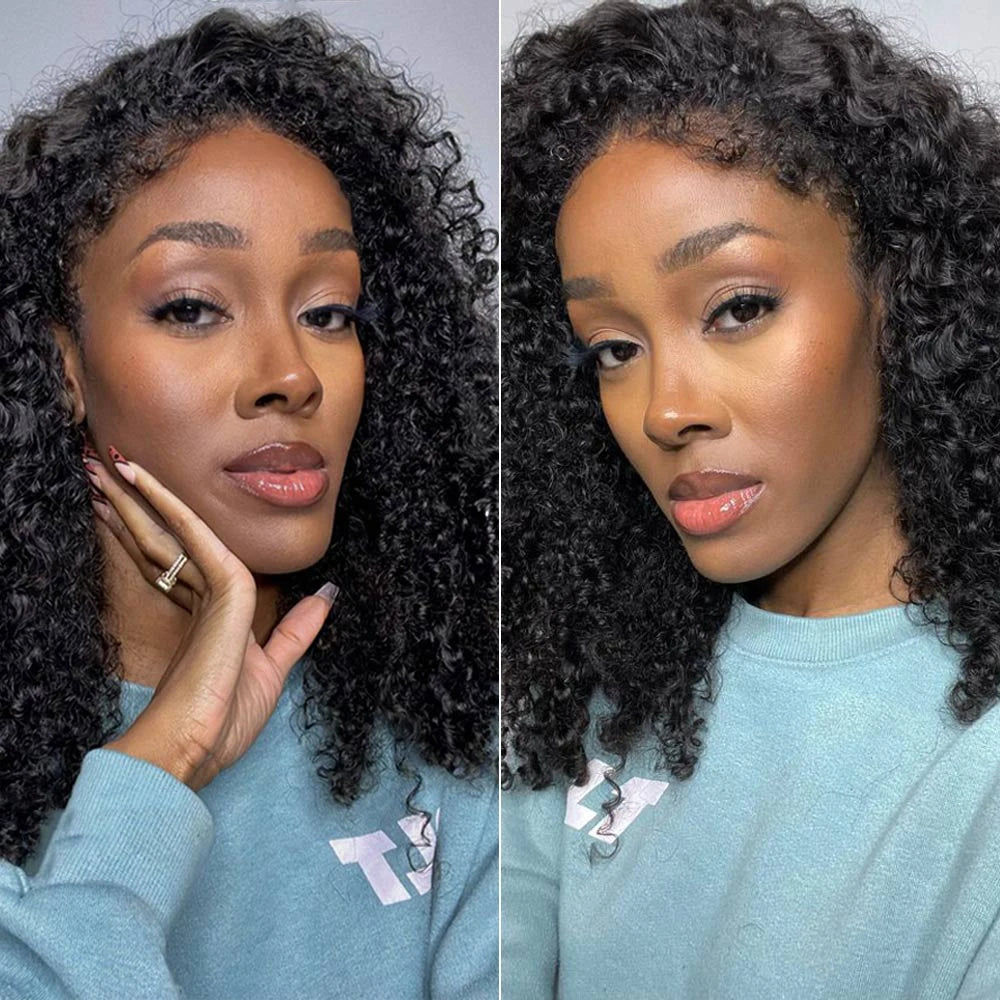 Short Bob Kinky Curly Human Hair Frontal Wig 4C Edges  Closure