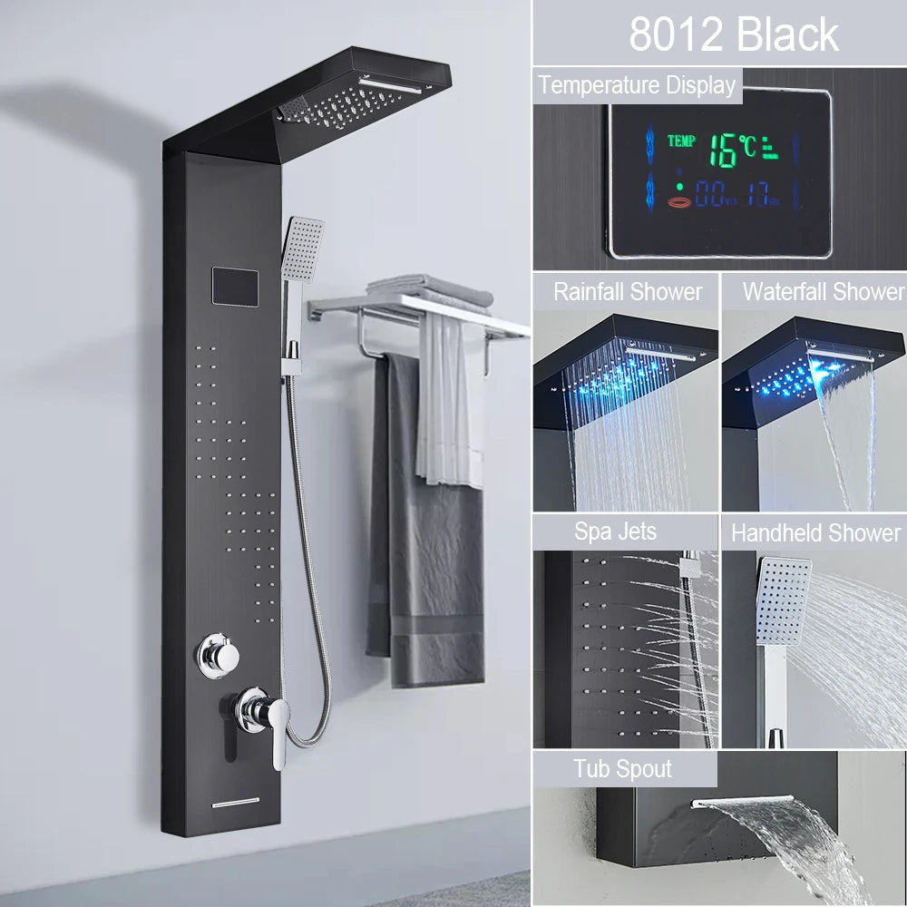 LED Light Shower Panel Waterfall Rain Digital Display Shower Faucet Set