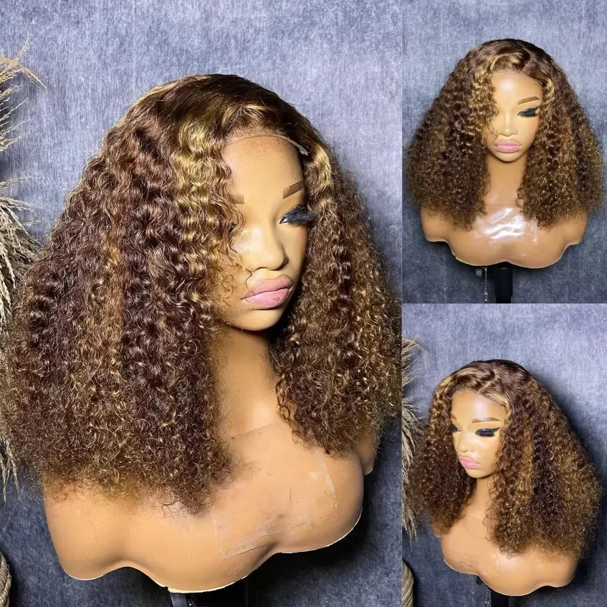 Curly Short Bob Wig Highlight 4/27 Honey Blonde Human Glueless