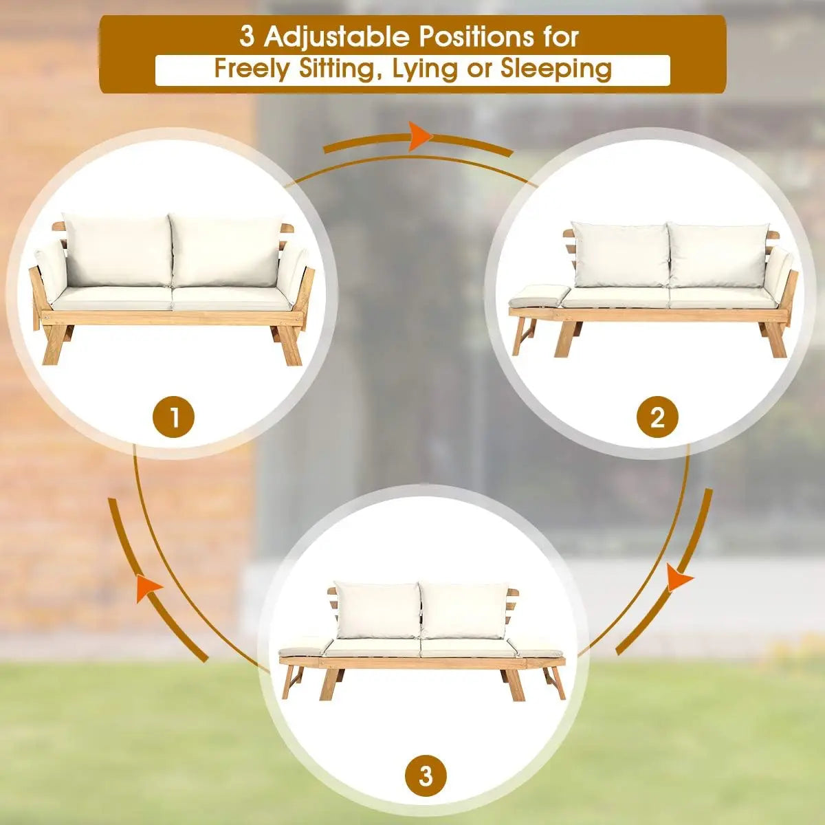 Convertible Acacia Wood Patio Couch Sofa Bed with Adjustable Armrest, Outdoor Daybed with Cushion & Pillows,