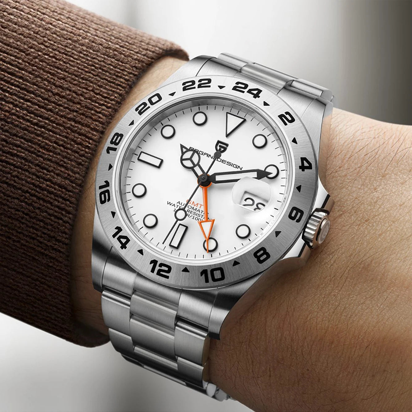 Men's GMT Automatic Mechanical Watches Stainless Steel 10Bar Sport BWG-9 Clock
