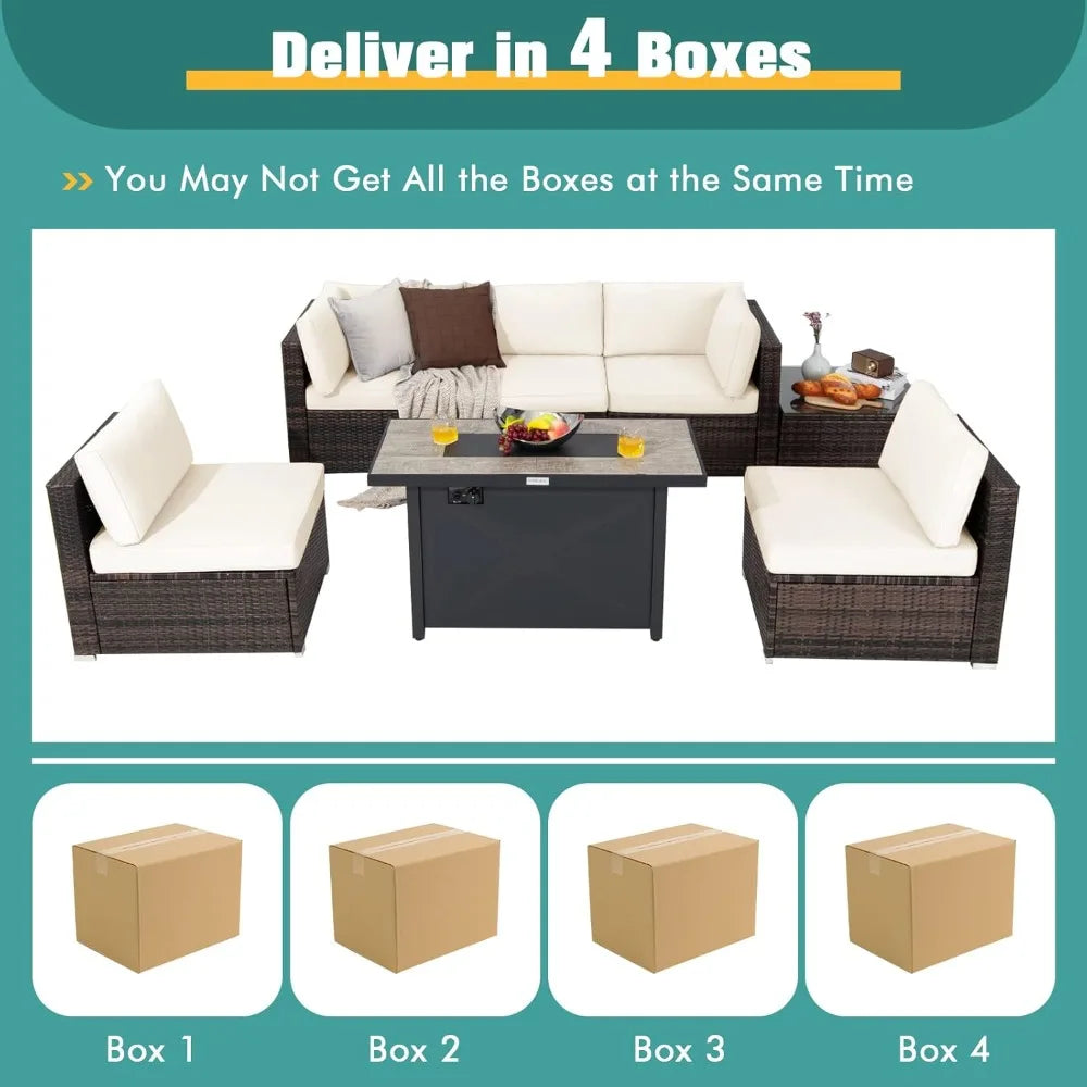 7 Piece Patio Furniture Set with Fire Pit Table, Includes  Fire Pit and Protective Cover,