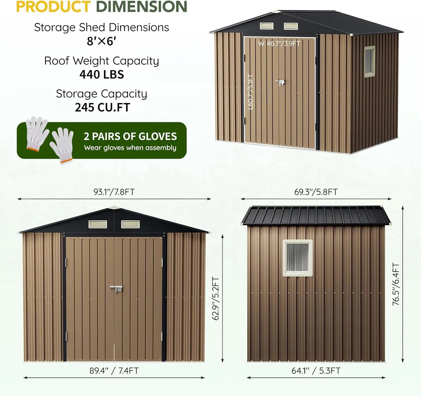 8x6FT Outdoor Steel Storage Shed with Lockable Doors, Weather-Resistant Met