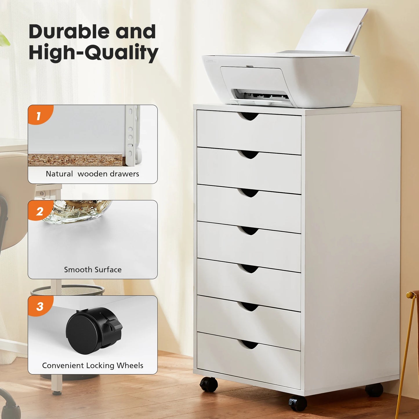 7 Drawer Chest Dressers Nightstand Storage Cabinet Wooden File Office Mobile Cabinet Wheels Living Room Organizer Rolling