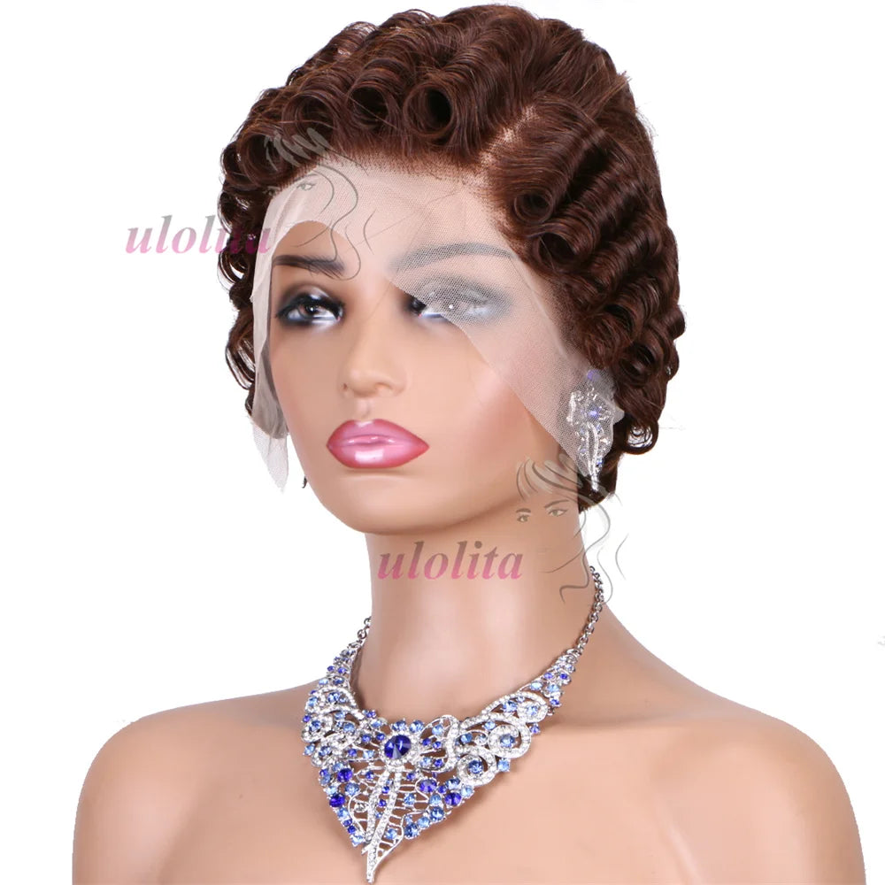 613 Blonde Pixie Cut Short Bob Loose Wave 100% Human Hair Wig Chocolate Brown