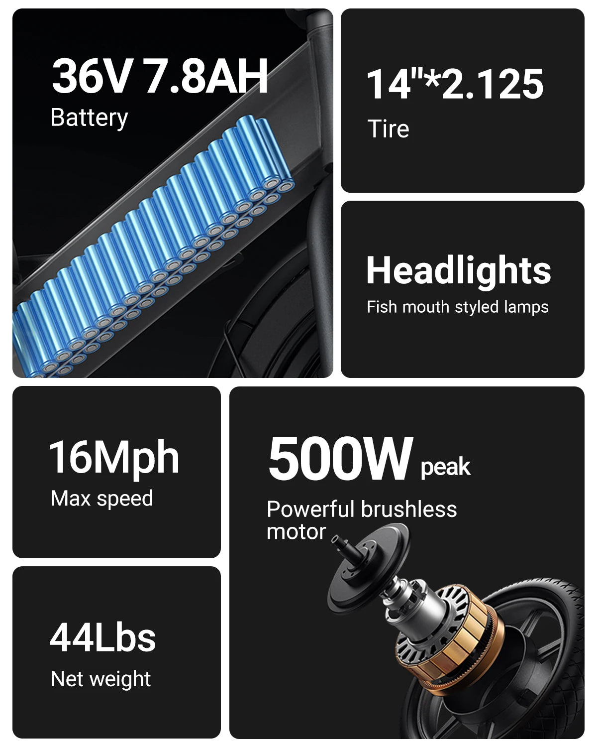 Electric Bicycle Peak 500W Motor 36V7.8AH Lithium Battery