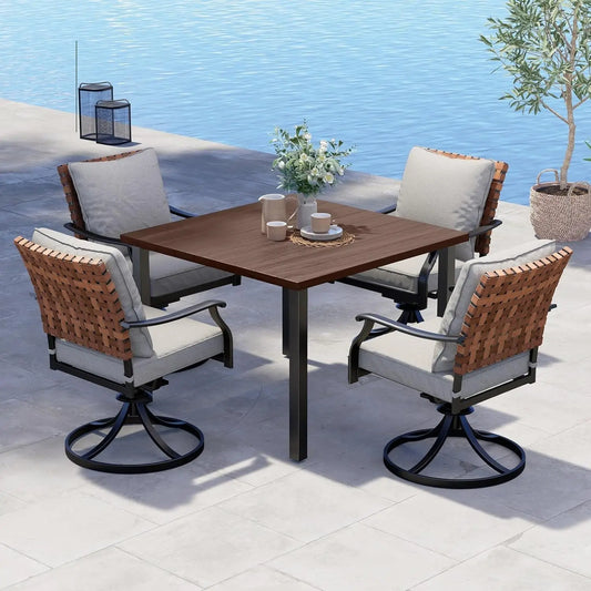 5-Piece Outdoor Dining Set, 4 Leather-Look Wicker Swivel Patio Chairs