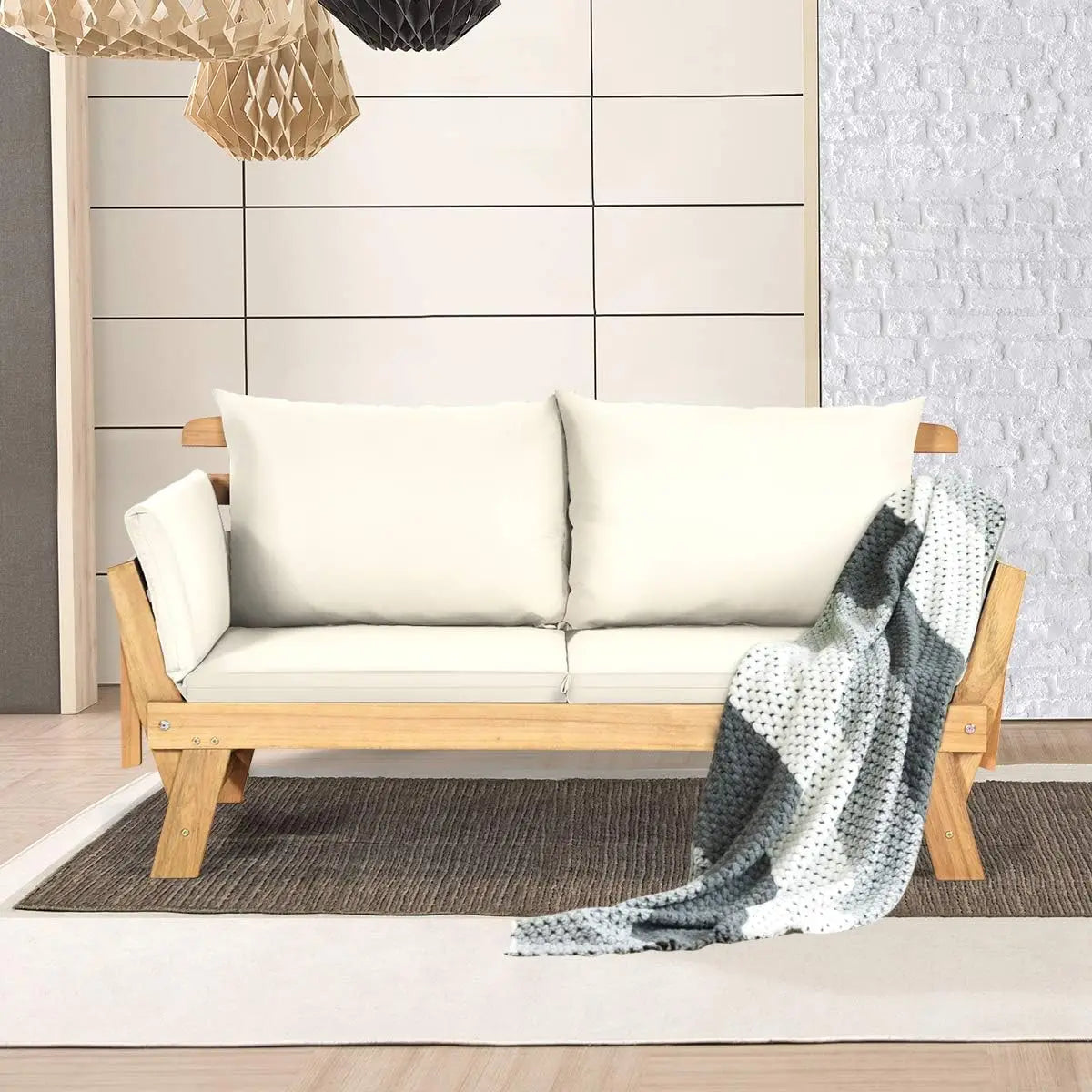 Convertible Acacia Wood Patio Couch Sofa Bed with Adjustable Armrest, Outdoor Daybed with Cushion & Pillows,
