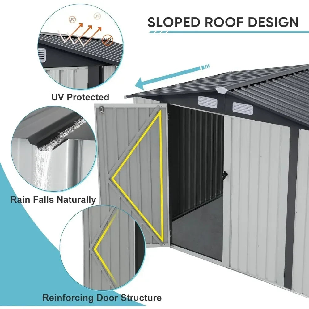 Outdoor Storage Shed with Double Door and Lock, Tall 8x6 FT, Galvanized Steel Metal Garden Shed, Outdoor Storage Room