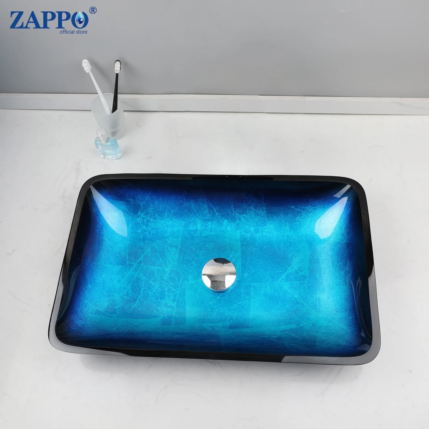 Tempered Glass Bathroom Vessel Sink with Waterfall Black Faucet
