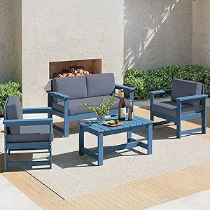 4 Pieces HDPE Outdoor Sofa Set with Cushions, All Weather Use Loveseat Furniture