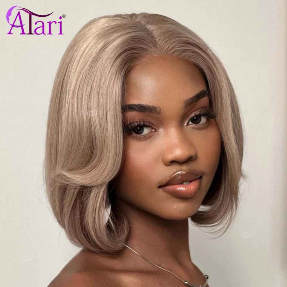 Ash Blonde with Brown Roots Short Bob Wig Transparent 13x4