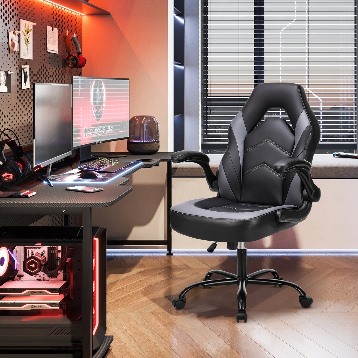 Gaming Desk Chair Adjustable PU Leather Racing Chair Flip-up Armrest