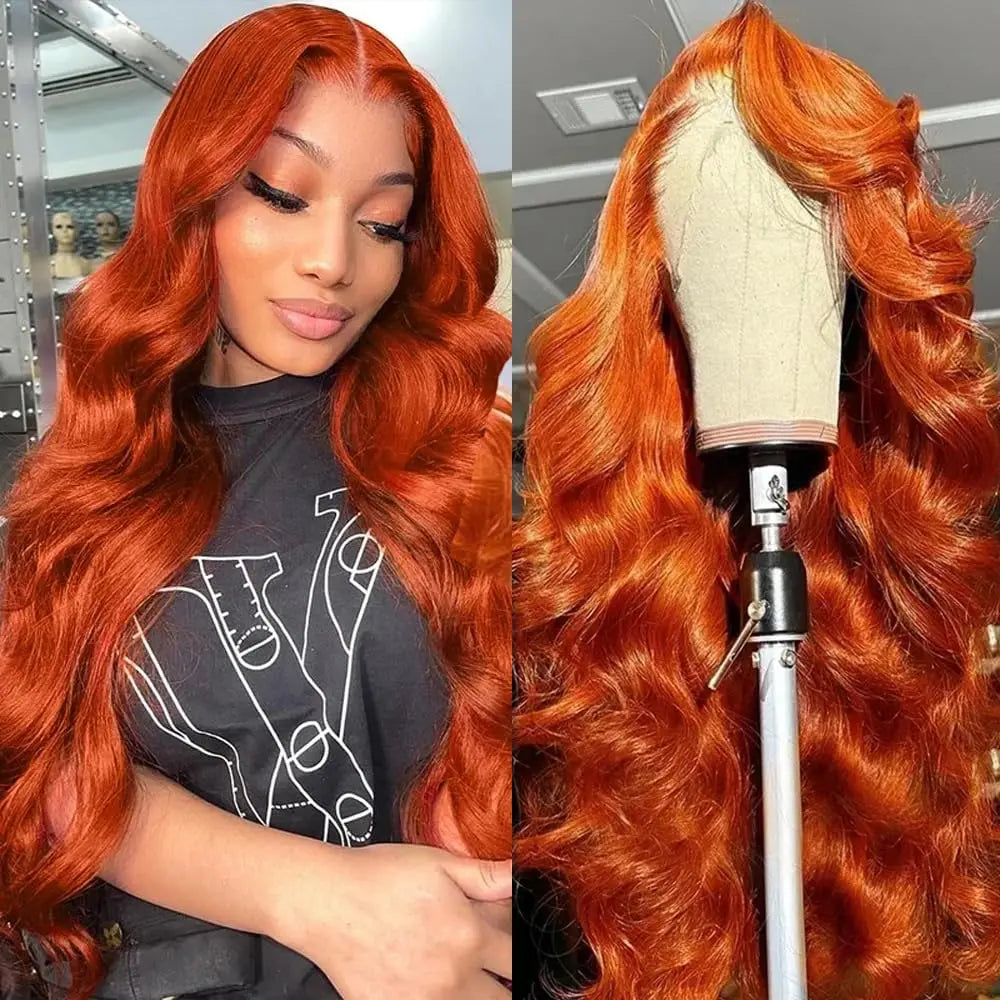 Ginger Orange36 Inch L ace Front Wigs Human Hair Body Wave
