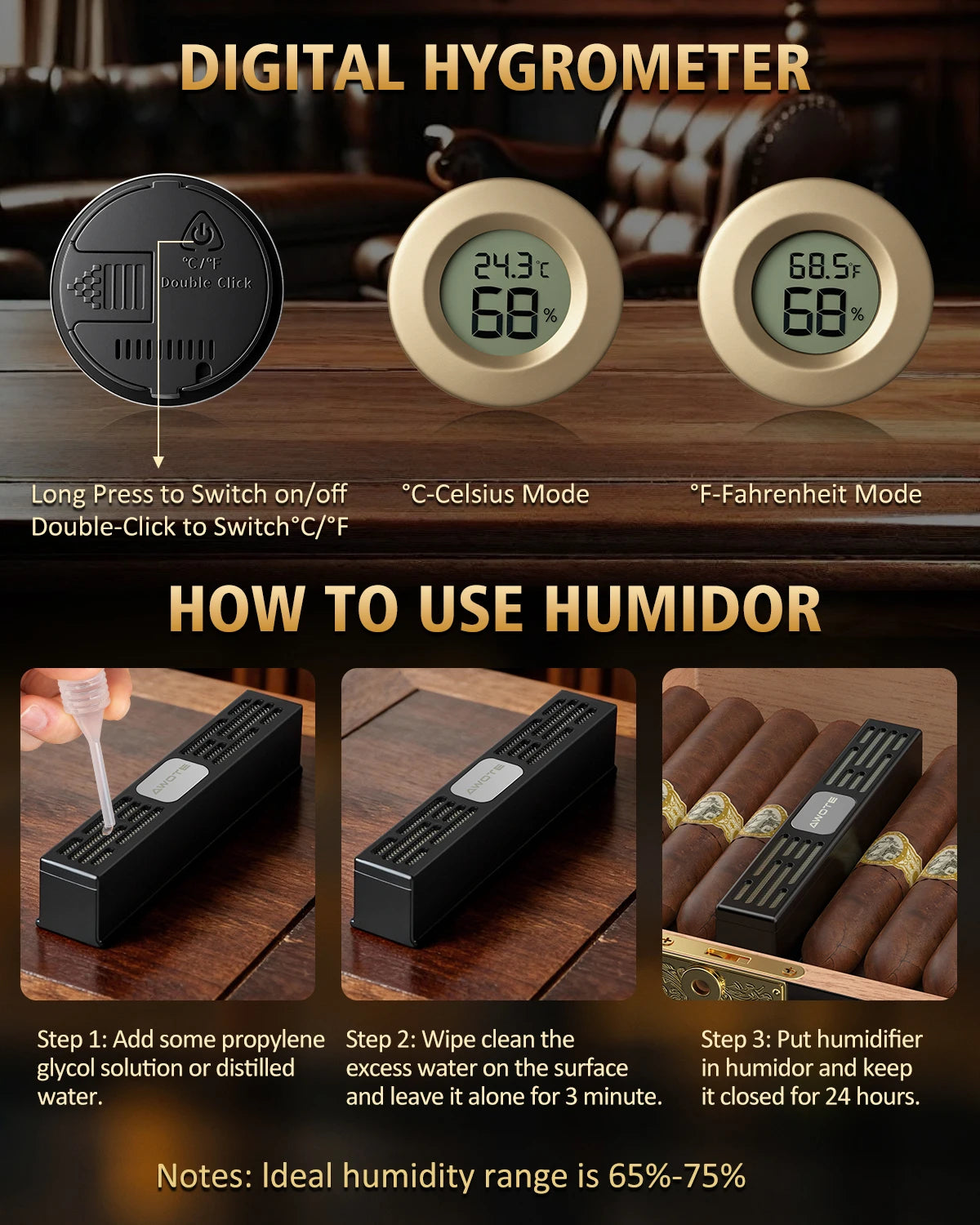 Premium Cedar Wood Cigar Humidor with Leather Case, Cigar Tube, Digital Hygrometer & 2 Humidifiers - Luxury Gift Set