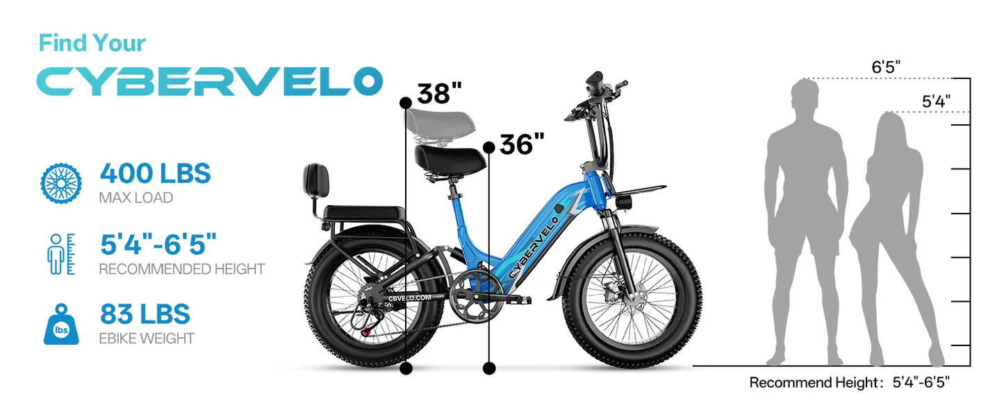 Step-Thru Electric Bike for Adults and Youths,  30+MPH, 20" Fat Tire 7-Speed