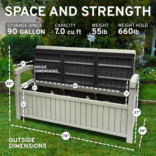 3 Seat Outdoor Storage Bench - 90 Gallon Capacity - Weatherproof Resin Bench for Patio, Porch, Garden, Yard, Pool Area - Furnit