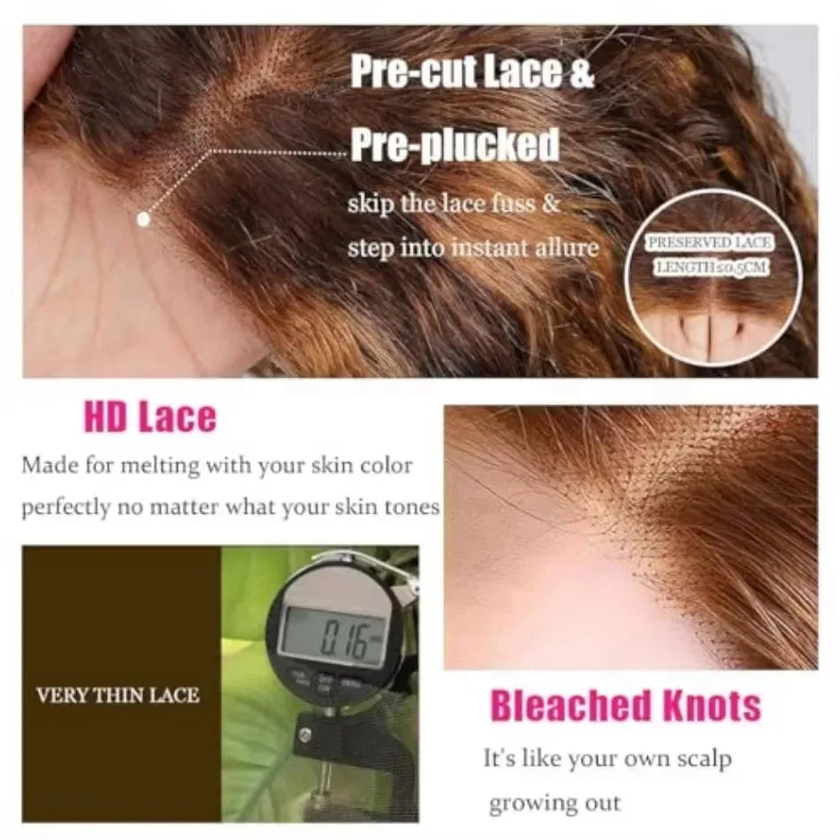 Curly Short Bob Wig Highlight 4/27 Honey Blonde Human Glueless