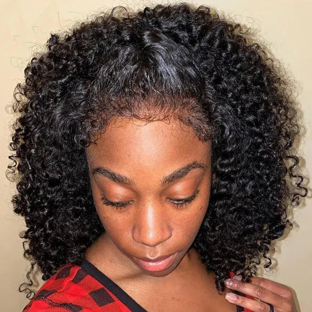Short Bob Kinky Curly Human Hair Frontal Wig 4C Edges  Closure