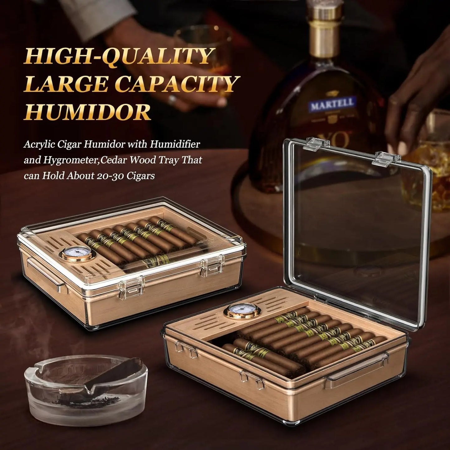 Acrylic Cigar Humidor, Cigar Box with Hygrometer, Humidifier and Cedar Wood Tray, Desktop Cigar Case Can Hold About 20-30 Cigars