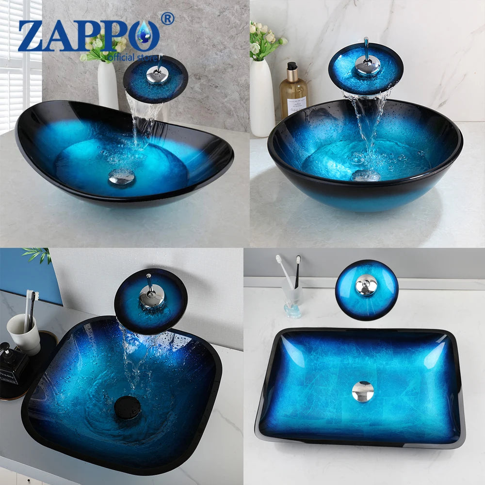 Tempered Glass Bathroom Vessel Sink with Waterfall Black Faucet