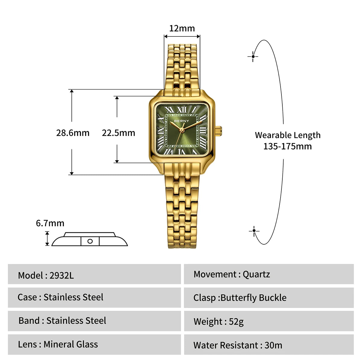 BERNY Square Women Watch Gold Quartz Fashion Exquisite Roman Luxury Small Women's Watch Jewelry Bracelet Women Watches