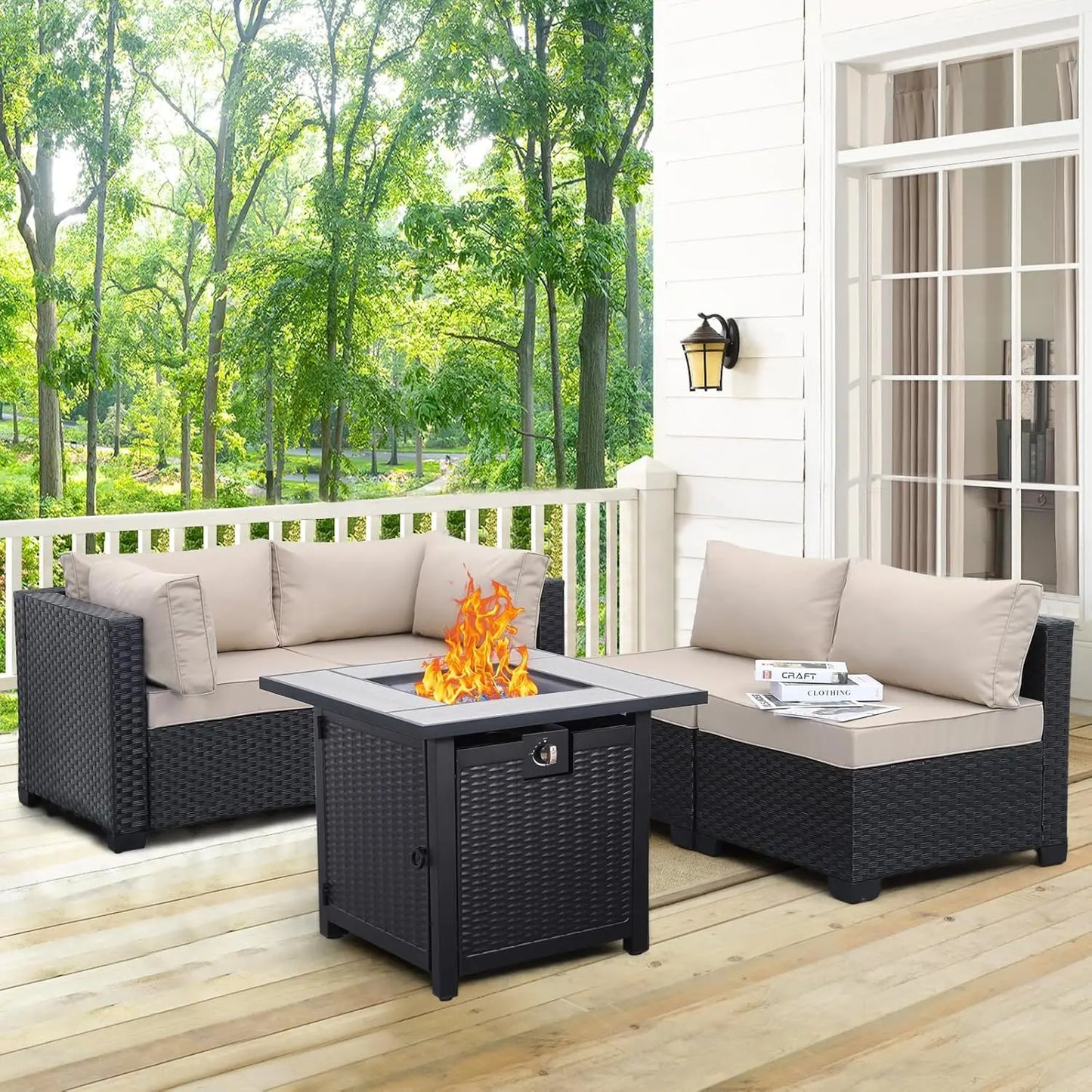 5 Piece Black Rattan Sectional Sofa Set with Propane Fire Pit Table