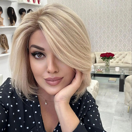 Light Blonde Highlight Bob Synthetic Wig Natural Straight Glueless Lace Front