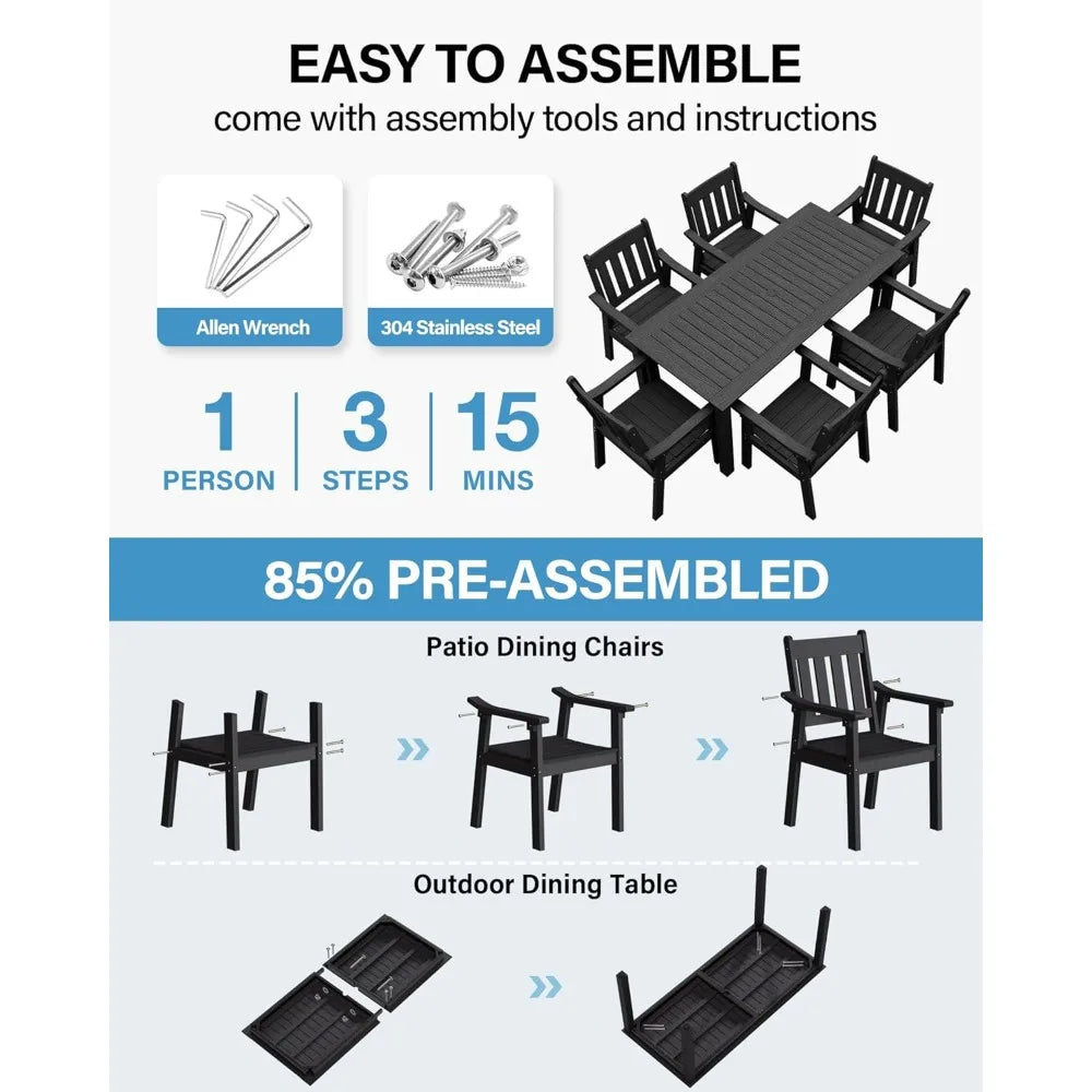 HIPS Patio Set Table : 7 Piece Outdoor Table and Chairs Dining Furniture Set with Umbrella Hole - Black Modern Plastic Dining Se