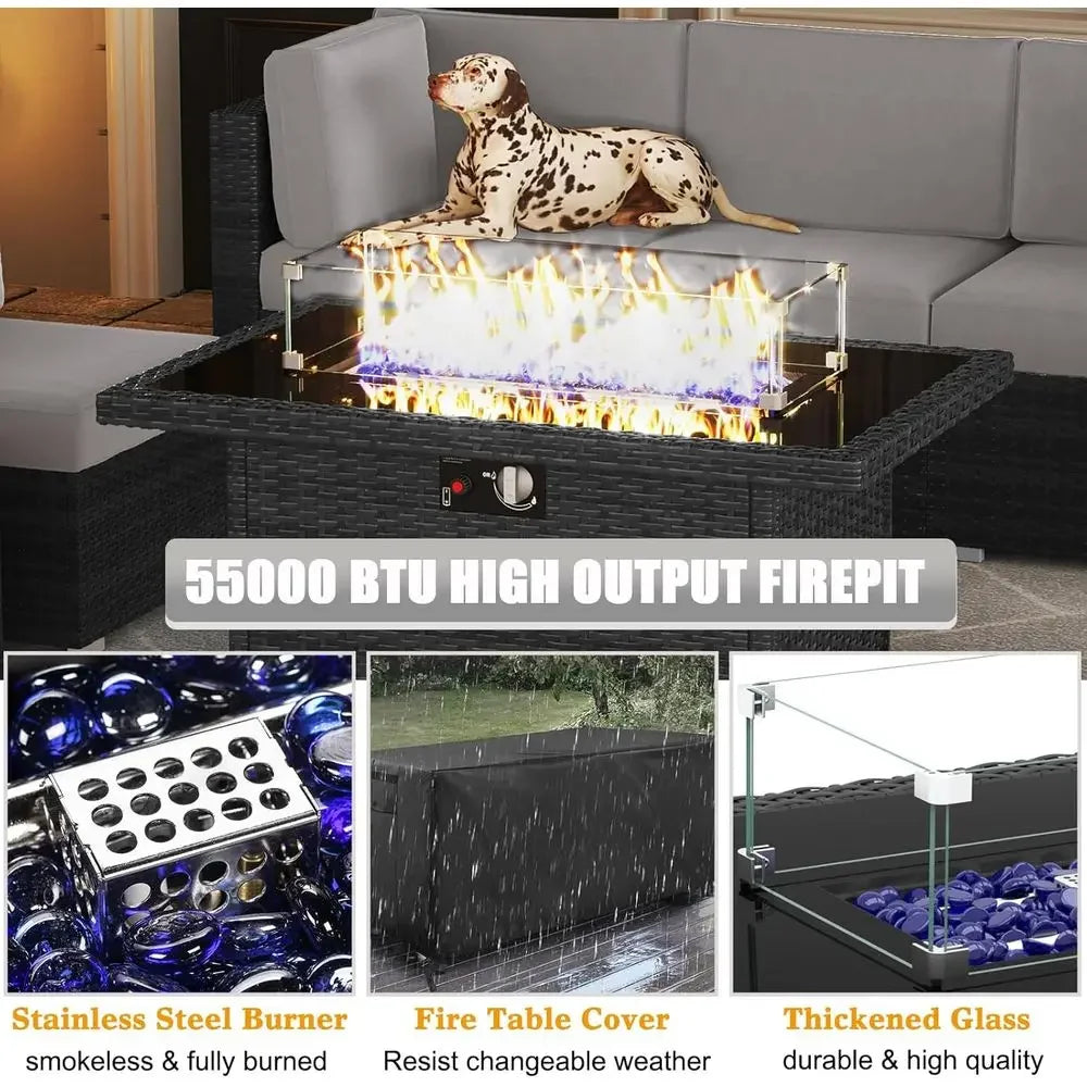 15-Piece Outdoor Patio Furniture Set with Fire Pit Table,  Rattan Sectional Sofa with Coffee Table