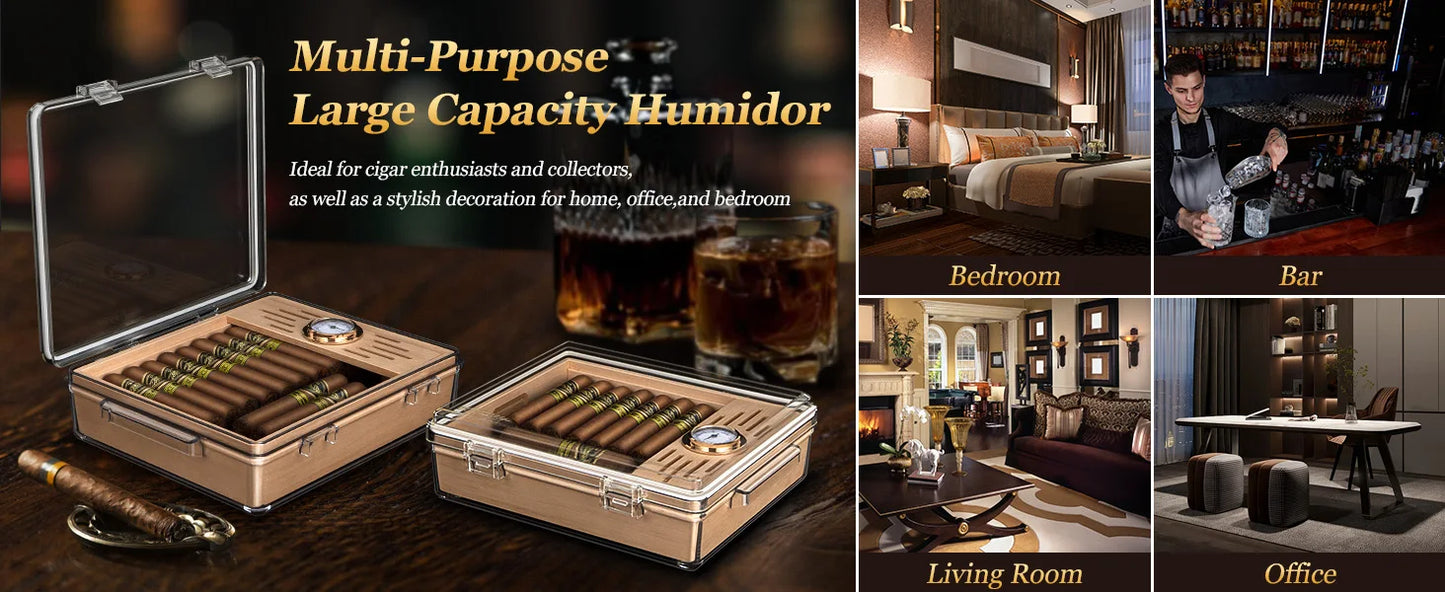 Acrylic Cigar Humidor, Clear Cigar Humidor Box with Hygrometer, Humidifier and Cedar Wood Tray, Can Hold About 20-30 Cigars
