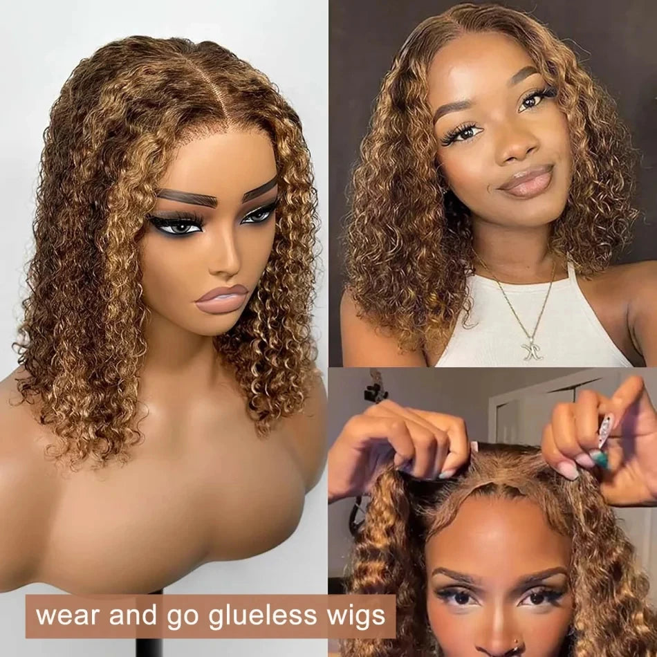 Curly Short Bob Wig Highlight 4/27 Honey Blonde Human Glueless