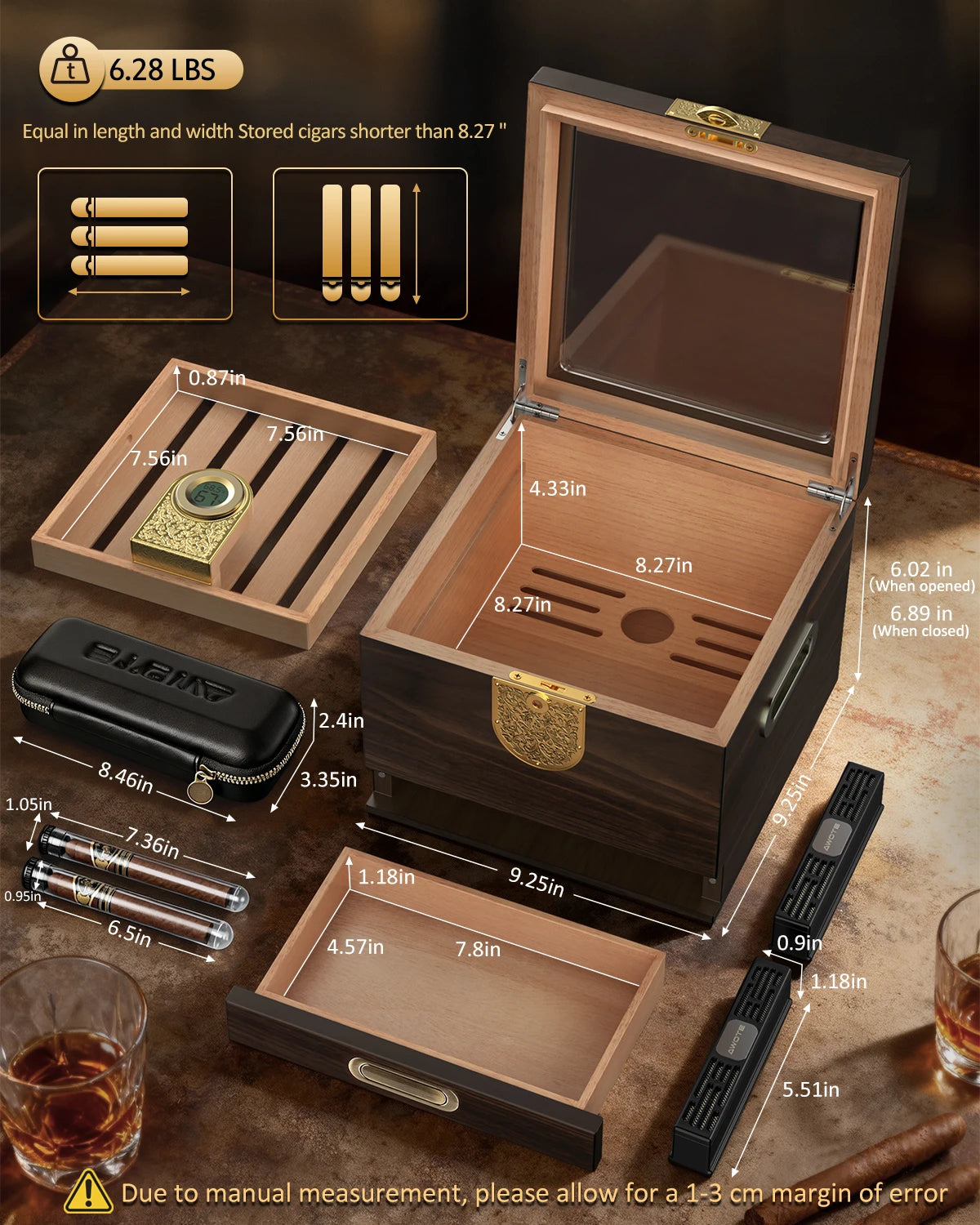Premium Cedar Wood Cigar Humidor with Leather Case, Cigar Tube, Digital Hygrometer & 2 Humidifiers - Luxury Gift Set