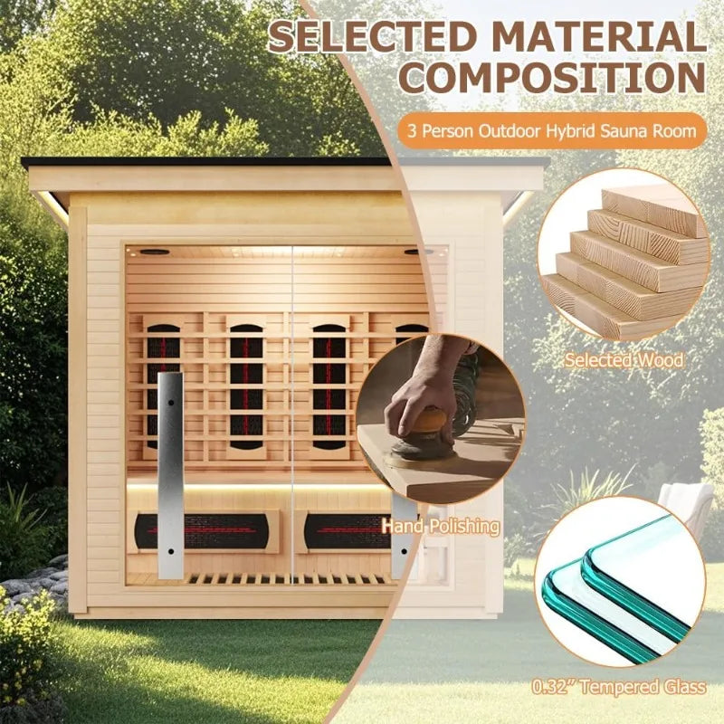 3-4 Person Hybrid Sauna Room, Indoor Outdoor Hemlock Wood Spa