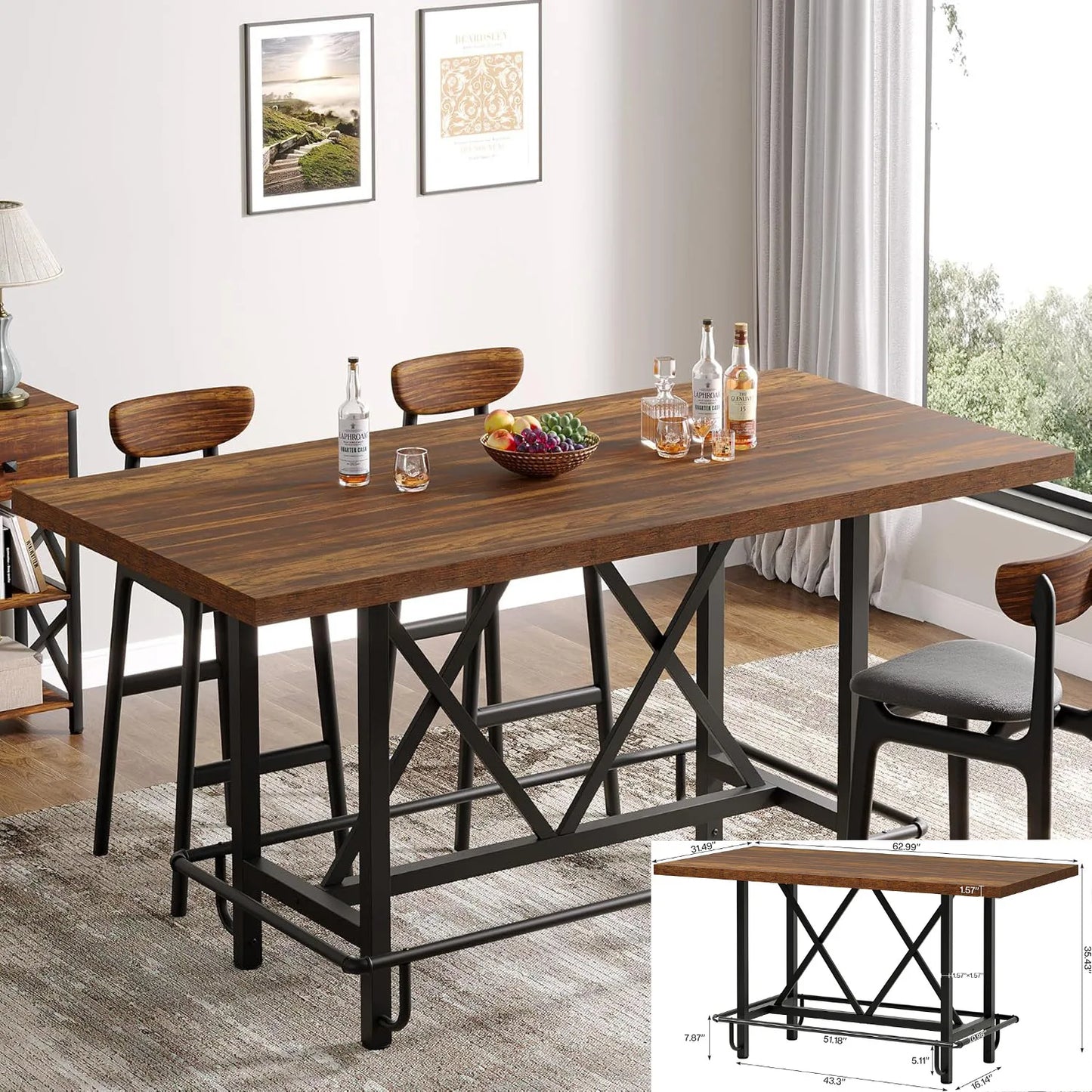 63-inch Dining Table for 4-6, Farmhouse Kitchen Table with Large Tabletop,