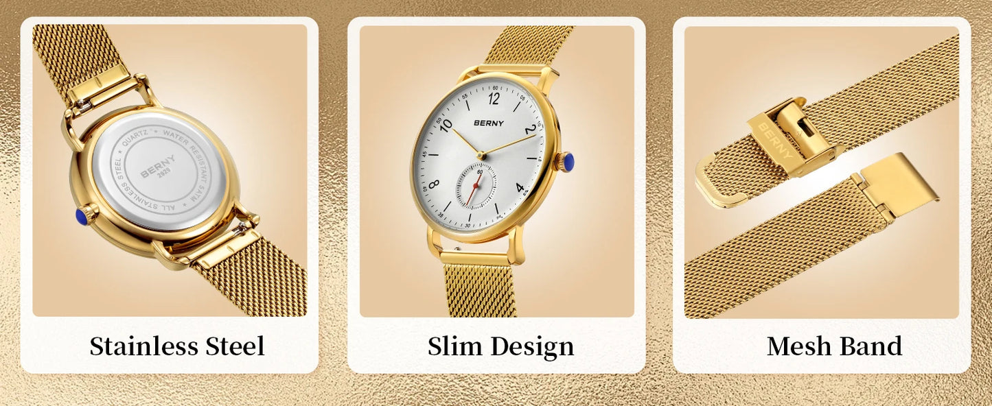 BERNY Quartz Men's Watch  Quality 316L Stainless Steel  Top Slim Case Fashion Couple's Wristwatch Simple Casual Men/Women Watches