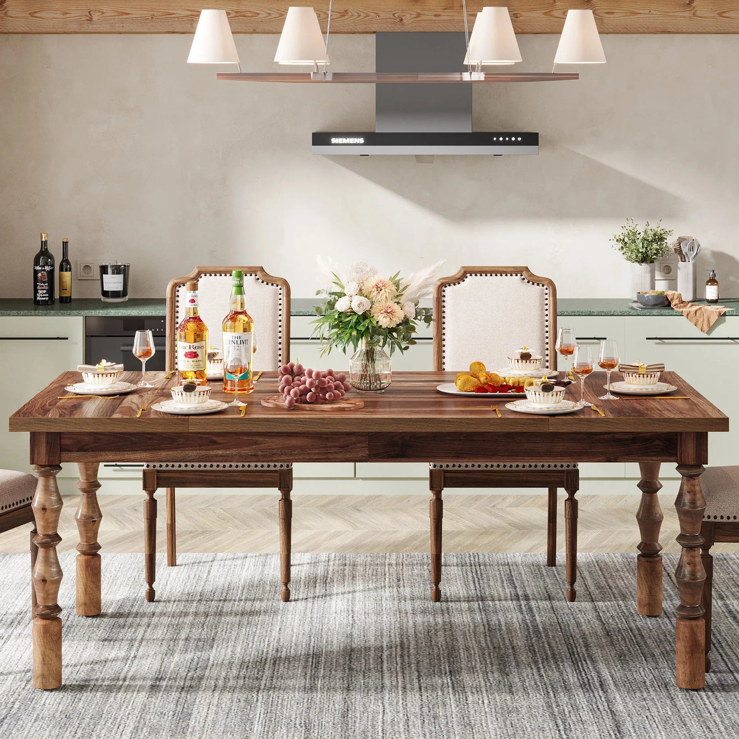 62” Wood Patio Table for 4-6 People, Farmhouse Large Indoor
