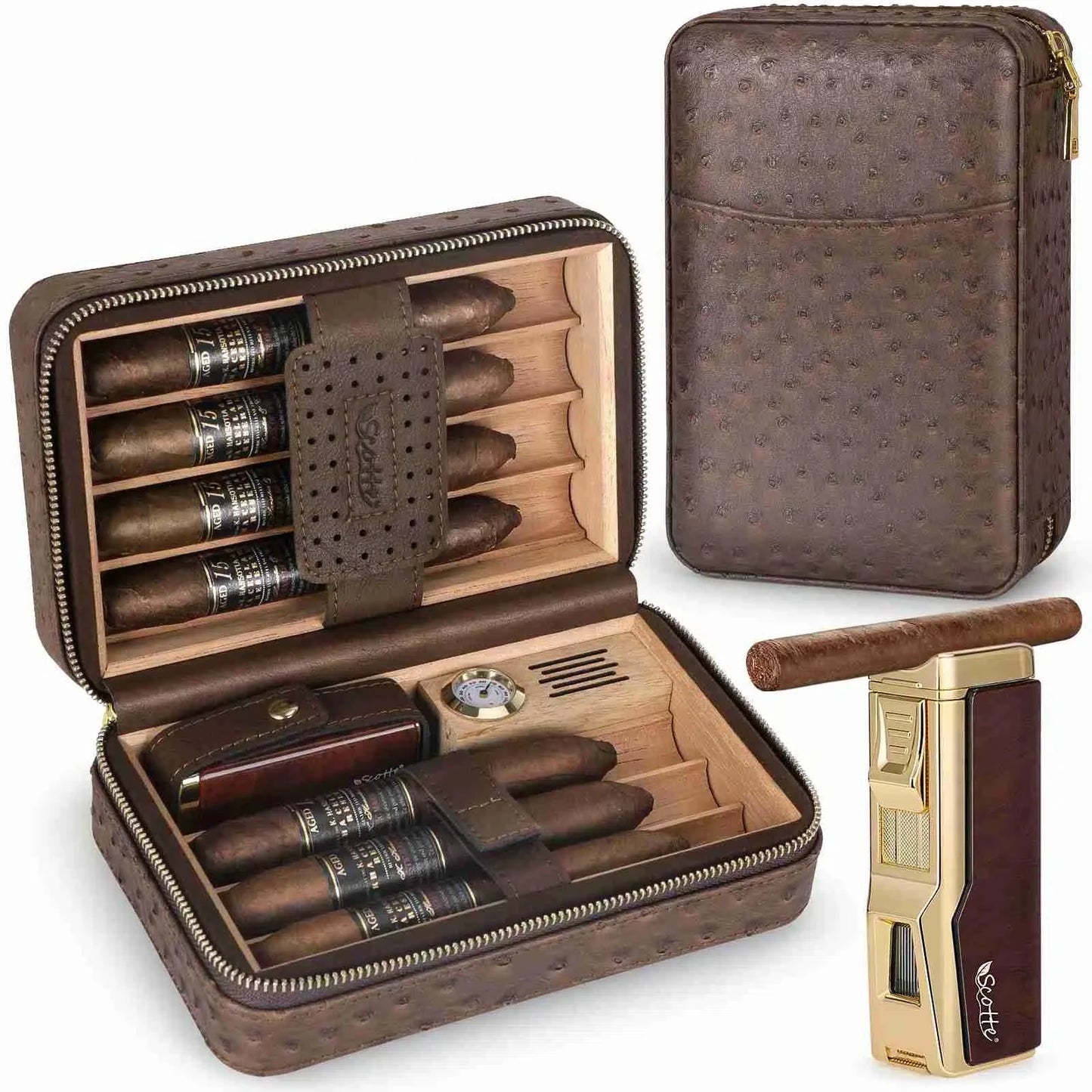 Cigar Humidor Box Cigar Lighter Cedar Wood Lined Leather Cigar Case