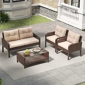 Balcony Furniture 5 Piece Patio Conversation Set,  PE Wicker Rattan Outdoor Lounge Chairs with Soft Cushions 2 Ottoman&Glass Tabl