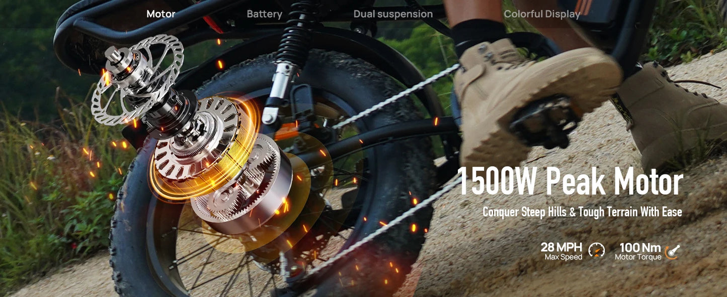 1500W Peak Electric Mountain Bike 48V 15.6Ah 28MPH 100 Mile